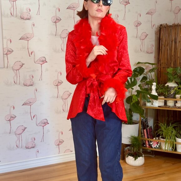 Dollskill Red Brocade and Feather Jacket Size M - Picture 2 of 9
